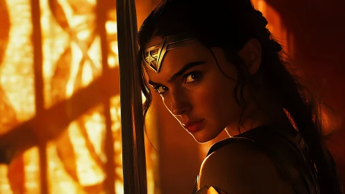 Warrior heroine glares through molten sunset light.
