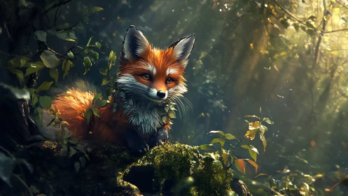 Enchanted forest fox resting in glowing mossy hollow.