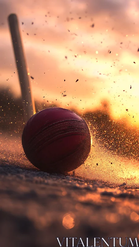 Cricket ball skids through dust in glowing sunset heat