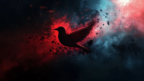 Silhouette songbird in red-blue particulate nebula field