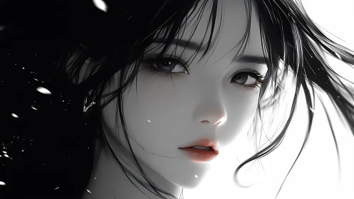 Wind-swept anime portrait in stark monochrome contrast.