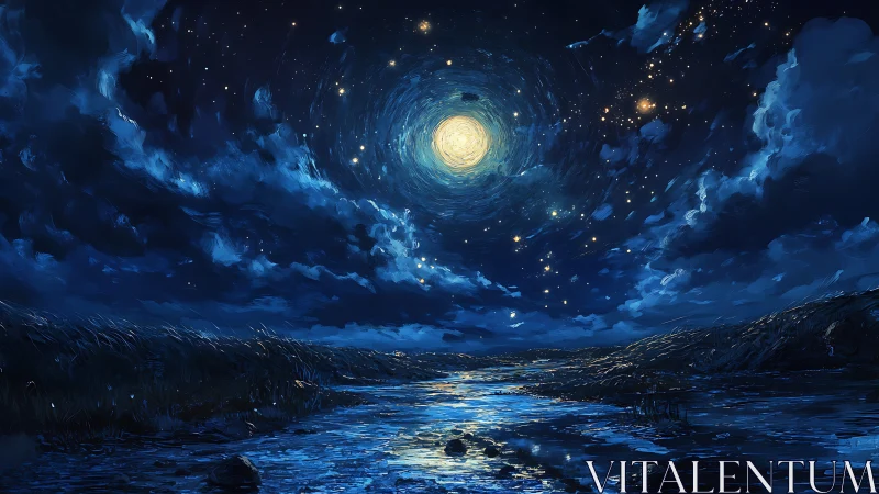 Nocturne river under swirling astral vortex sky, digital painting.