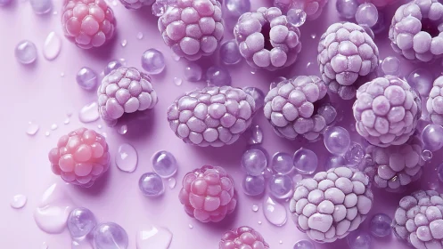 Glittering pastel raspberries rest on glossy lilac surface.