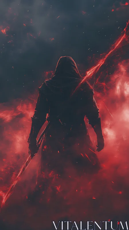 Hooded dark warrior stands in red smoke with blazing staff.