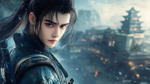 Storm-eyed wuxia wanderer above lantern-dusted fortress night.