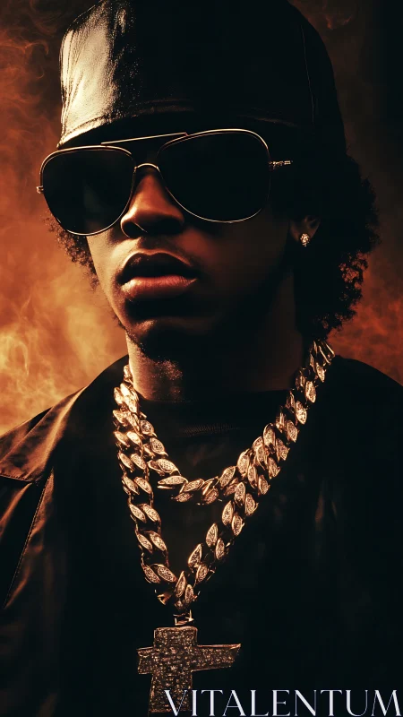 Hip hop portrait with gold chains under ember backlight.