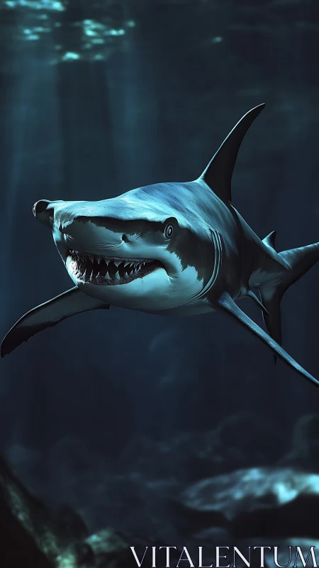 Powerful shark glides calmly through deep blue ocean light