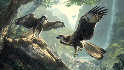 Majestic Eagles in Lush Forest Landscape, Digital Art Style.
