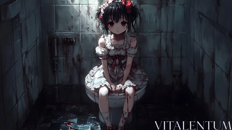 Bloodstained porcelain princess in a ruinous tiled tomb.