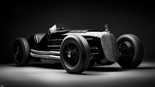 Vintage black Grand Prix race car stands under studio spotlight