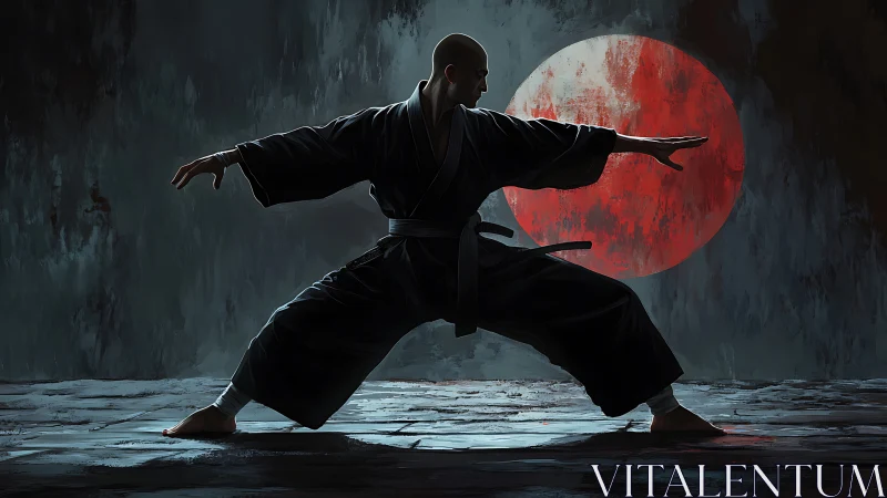 Martial artist silhouette poised before textured red moon.