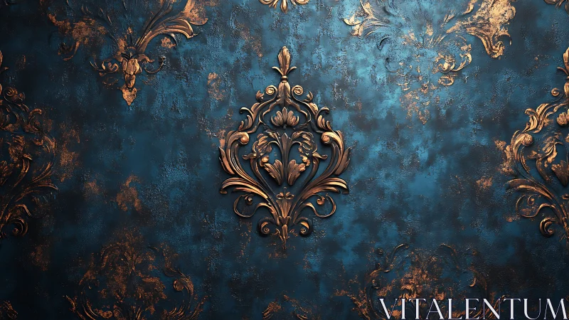 Ornate bronze floral relief on textured teal background.