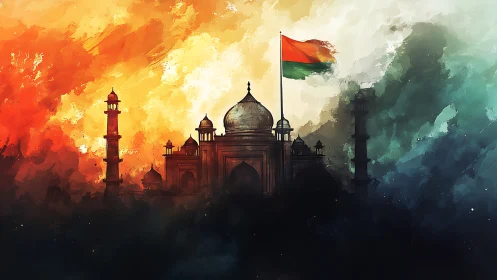 Monument of dusk and dawn crowned by a blazing tricolor flag.