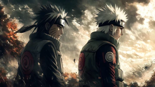 Dual anime warriors stand in dramatic backlit battlefield haze