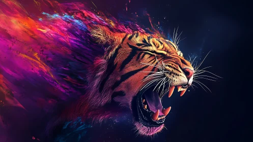 Roaring tiger head dissolving into luminous prismatic paint streaks