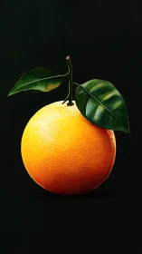 Single ripe orange with glossy leaves on deep black field.