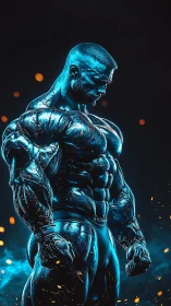 Cybernetic bodybuilder radiates molten blue power