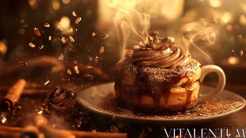 Chocolate pastry with frosting displaying heat distortion and particle dispersal effect