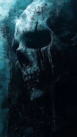 Eroded cyan skull silhouette in high-contrast spectral gloom.