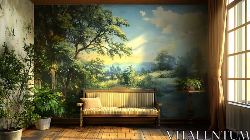 Sunlit interior lounge with pastoral landscape mural wall.