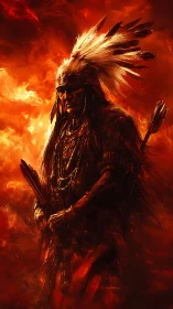 Indigenous warrior in feathered headdress stands in flames