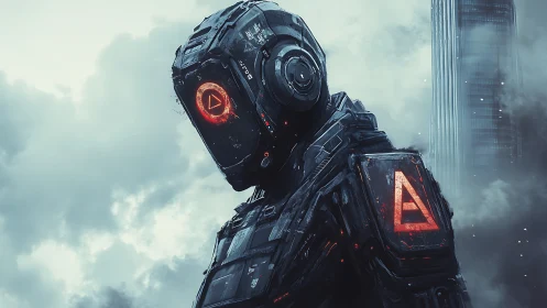 Solitary combat android surveys a stormy futuristic skyline