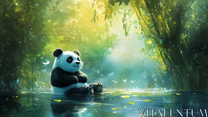 Luminescent bamboo lagoon with contemplative panda subject.