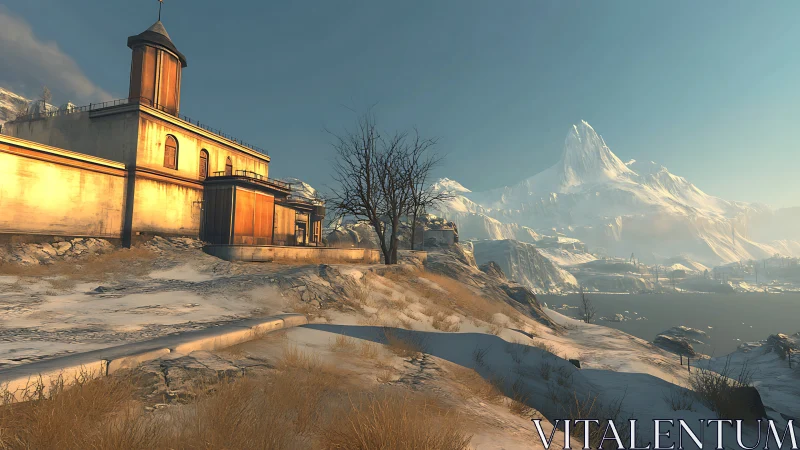 Sunlit fortress overlooks frozen lake and distant peak