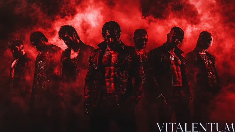 Shadowed rock band emerges through blood-red swirling fog.