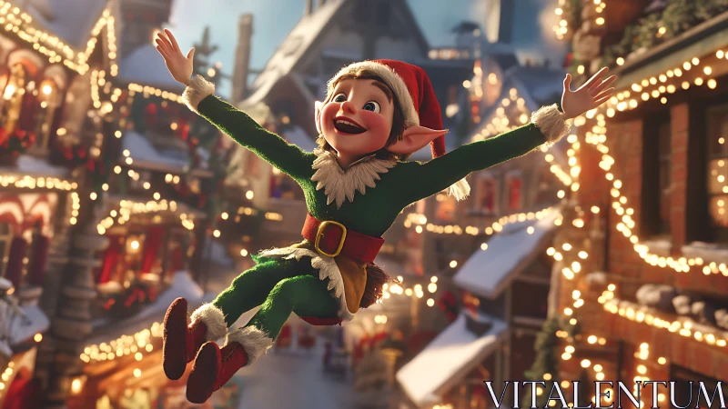 3D holiday elf mid-leap in illuminated festive village streets.