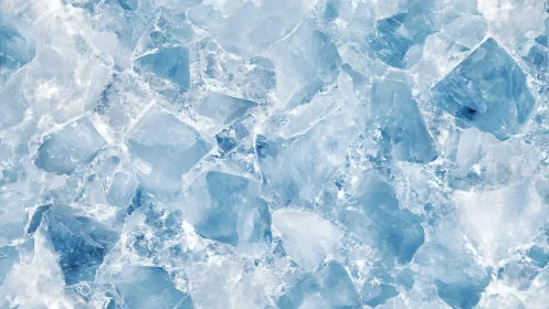 Close-up crystalline ice field with fractured translucent blue facets