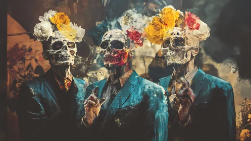 Three suited skull figures with floral headpieces in haze.