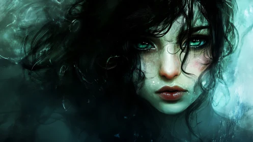 Mystical sea-eyed girl emerging from shimmering shadows.