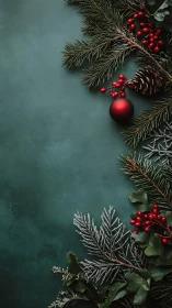 Festive evergreen border with red ornaments on teal backdrop.