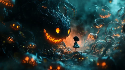 Cinematic digital painting of girl confronting pumpkin wraiths.
