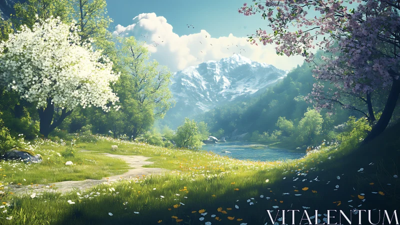 Digital painting of alpine spring valley with blossom framing.