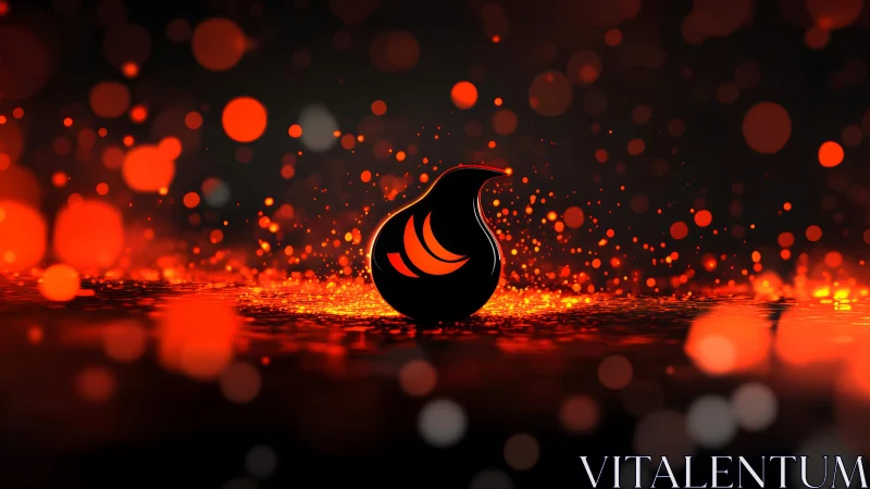 Glowing Black Drop with Fiery Orange Particles in Abstract Art.
