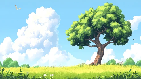 Lush Green Tree on Sunny Meadow in Vibrant Cartoon Style.