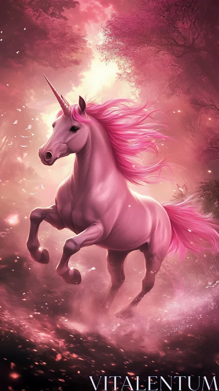 Radiant pink unicorn gallops through a glowing enchanted forest