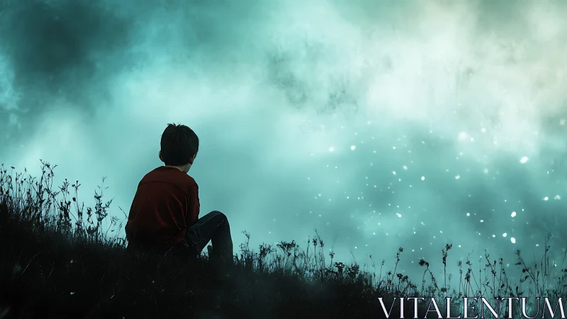Solitary child watching glowing mist over dark hillside.