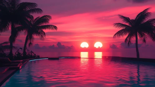 Neon tropical pool at sunset with twin glowing suns.
