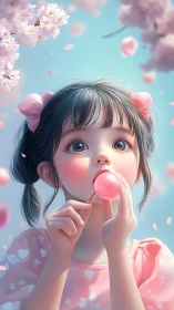 Young girl with pink lollipop under soft cherry blossoms.