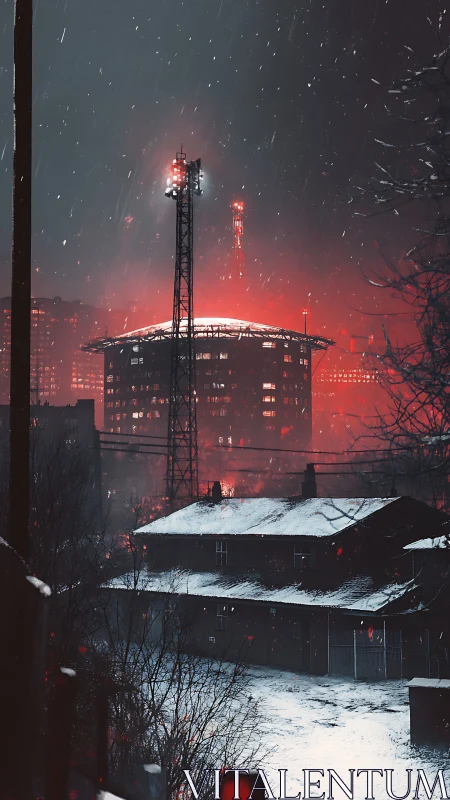 Snow covered industrial buildings with red city glow at night