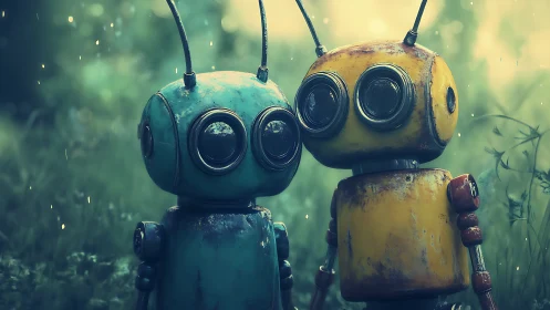 Two small retro robots stand together in a rainy garden