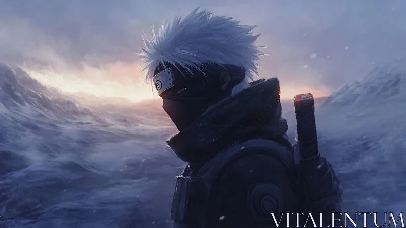 Silent ninja warrior walks through a cold, misty twilight