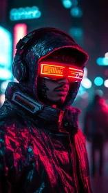 Cyberpunk street sentinel in neon visor stares into night.