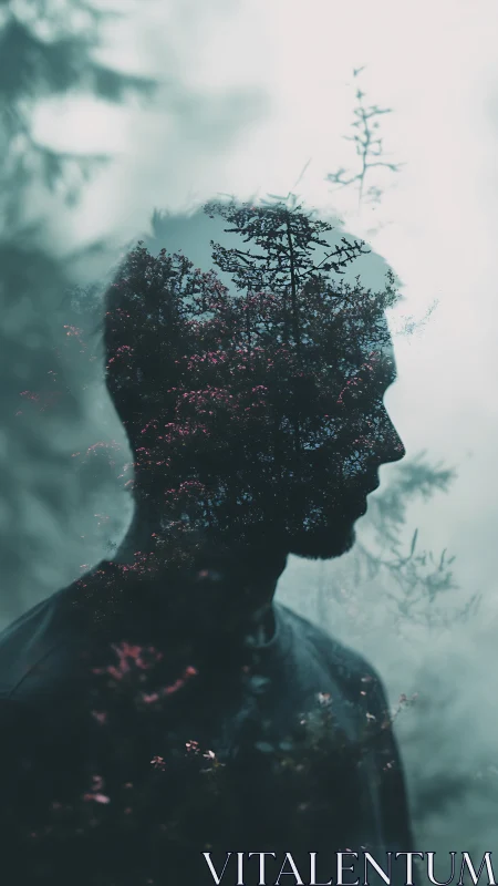 Double exposure male silhouette integrates forest canopy and bokeh