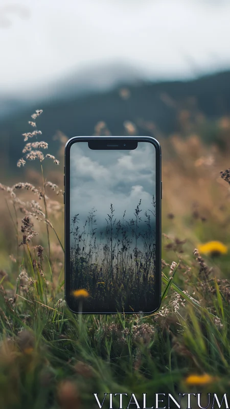 Smartphone frame bridges shallow depth field meadow scene