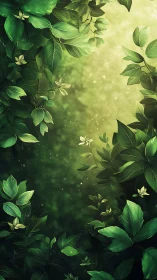 Sunlit forest leaves encircle a softly glowing green clearing.