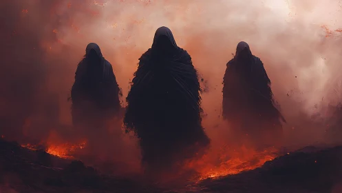 Hooded dark figures walking through fire and smoke.